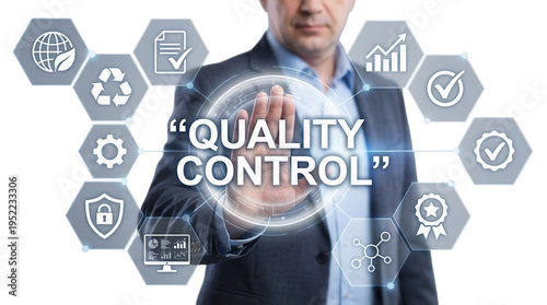 Business professional demonstrating quality control assurance with touchscreen interface and relevant environmental and data icons on black backdrop