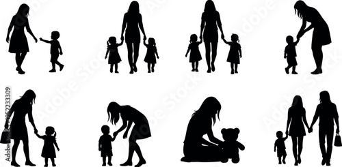 Mother with children silhouette set showing parenting love care walking together holding hands family bonding daily life moments vector illustration isolated on white background