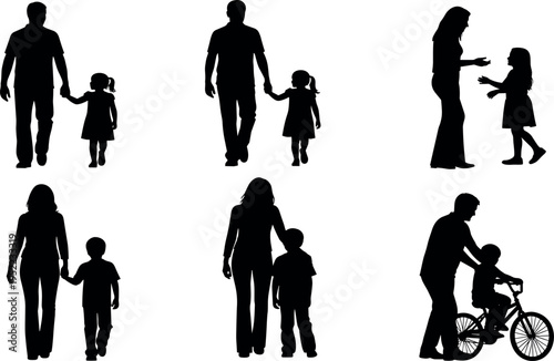 Parent and child silhouettes set walking together holding hands teaching bicycle family care love parenting moments vector illustration collection isolated on white background