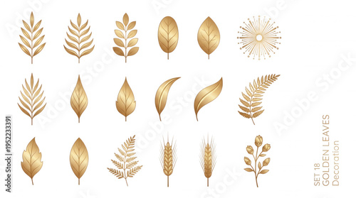 Collection of eighteen golden leaves and wheat stalks decorative elements isolated on black background for elegant designs