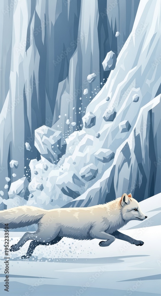 Fototapeta premium White arctic fox flees from a dangerous falling snow mass among icy cliffs