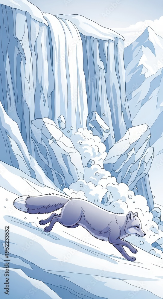 Fototapeta premium Arctic fox escapes large falling ice blocks during winter avalanche event