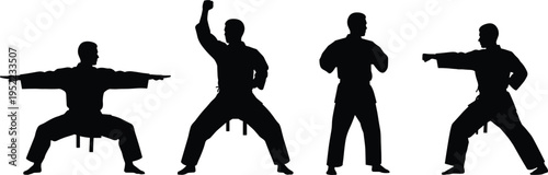 Martial arts silhouettes karate fighters performing combat stances punches training poses isolated on white background vector illustration set