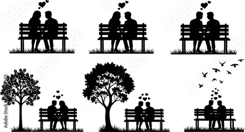 Romantic couple silhouette set sitting on park bench with hearts birds trees love relationship dating scene vector illustration isolated on white background