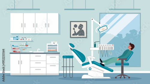A vector graphic illustration of a dentist's office with a patient reclined in a chair