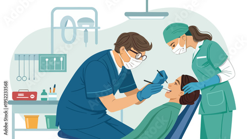 A dentist and dental hygienist attending to a patient in a modern dental clinic with a focus on healthcare and medical services