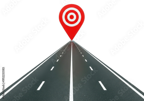 Road leading to a red target symbol, symbolizing journey, goals, and destination, on a transparent background for strategic planning