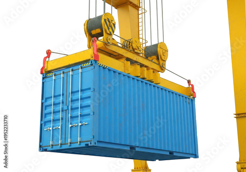 Large blue shipping container being lifted by yellow industrial crane equipment heavy cargo transport isolated on transparent background