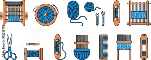 Weaving tools, colorful looms, yarn spools, scissors, combs, shuttles, threading tools, textile arts, fabric patterns, crafting equipment, traditional weaving practices