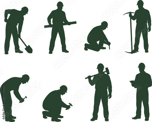 Construction worker silhouettes set showing builders using tools, manual labor activities, engineering teamwork, industrial workforce icons, green vector illustration isolated on white background