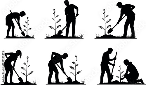 Set of people planting tree silhouettes using shovel in garden environment isolated on light background, environmental conservation and gardening activity themed black vector illustration