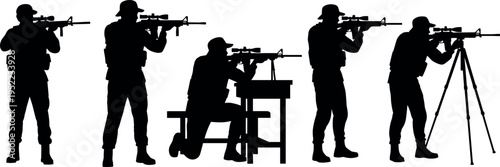 Set of soldier silhouettes aiming rifles in tactical shooting positions, military training and security defense concept with armed forces characters isolated on white background