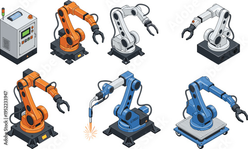 Robotic arms, industrial automation, welding sparks, control unit, manufacturing technology, factory robotics, mechanical engineering, automation tools, production process, flavector