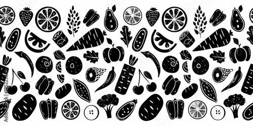 Black and white pattern featuring various fruits vegetables and produce