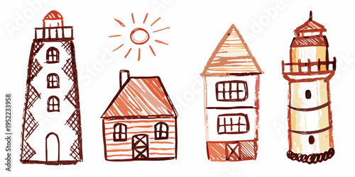 Sketch of lighthouses and simple houses in a childlike drawing style