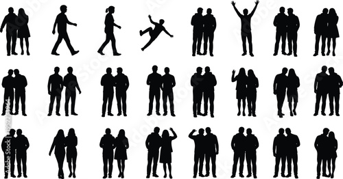 People group silhouettes collection couples friends standing walking talking social interaction diverse poses male female isolated on white background vector illustration set