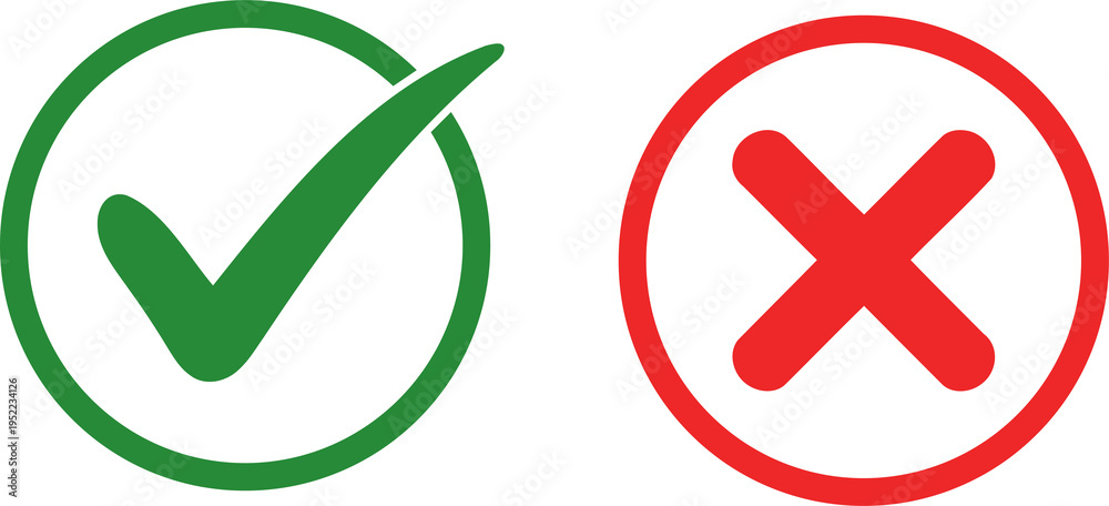 Obraz premium Outline circle with tick mark and cross symbol for yes or no answer selection and feedback