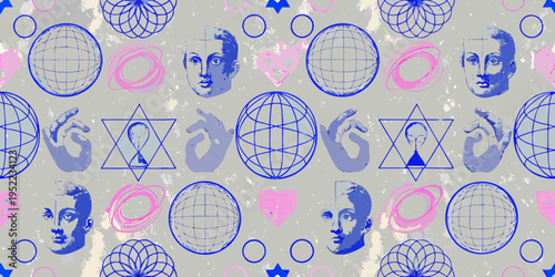 Abstract pattern featuring faces geometric shapes and swirling pink lines