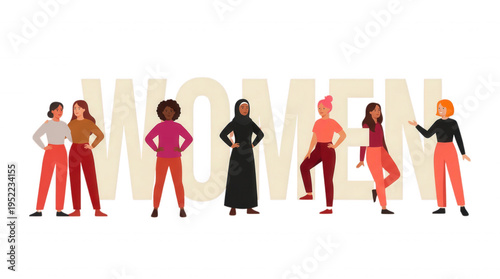 Diverse group of women standing together celebrating international womens day equality and empowerment in a flat vector style illustration