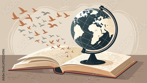 A vector illustration of a globe on an open book with birds flying out, symbolizing education and freedom.