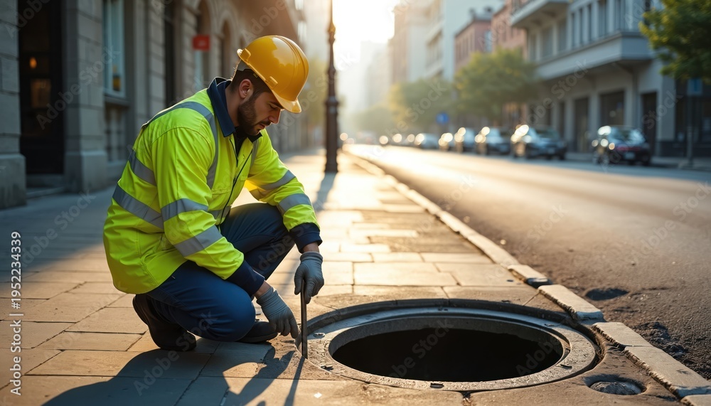 Fototapeta premium Worker in yellow vest and hard hat inspects open sewer manhole on city street at sunrise. He uses tool to check drain system. Urban infrastructure maintenance job.