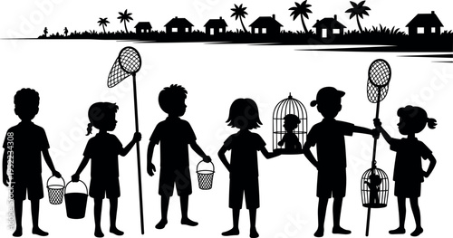 Silhouette children village scene playing with nets and bird cages, rural lifestyle illustration, kids outdoor activity, countryside background, traditional environment, black and white vector