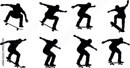Skateboarder silhouette set performing jump tricks and stunts extreme sport action collection young male skater riding board vector illustration isolated on white background
