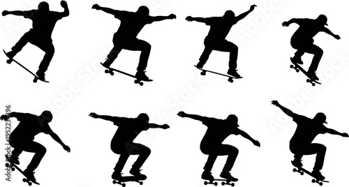 Skateboarder silhouettes set showing dynamic skateboarding tricks jump motion street sport action vector illustration collection isolated on white background for extreme lifestyle design