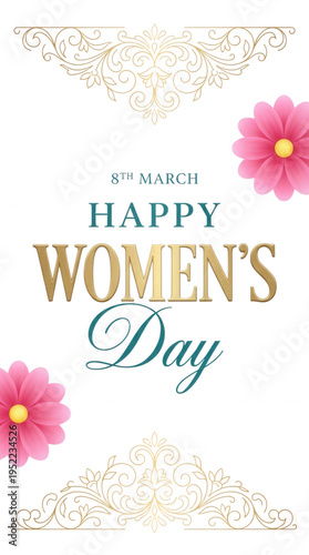 Elegant 8th march happy womens day greeting with golden ornaments and pink flowers on a stylish black background