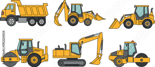 Yellow construction machinery collection featuring dump truck, excavator, backhoe loader, bulldozer and road roller isolated on light background, heavy industrial equipment vector illustration