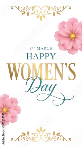 Elegant 8th march womens day illustration with pink flowers and golden ornaments on black background celebration template