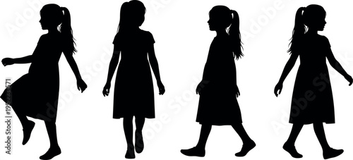 Young girl silhouette collection showing walking and standing poses, ponytail hairstyle, casual dress outfit, isolated black shadow vector illustration set for character design