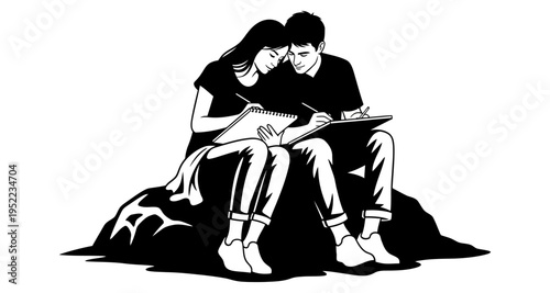 Couple Drawing Together Outdoors on a Rock Stock Illustration