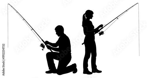 Couple Fishing Silhouettes Casting Rods on White Background