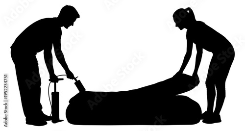 Couple inflating air mattress with foot pump for camping or travel silhouette