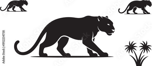 Black panther silhouette stalking with palm trees and smaller panther big cat wild animal