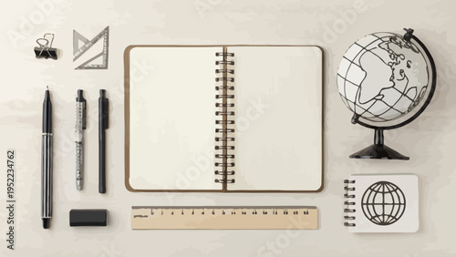A collection of office and school supplies arranged on a desk, including a notebook, pens, pencils, and a globe.