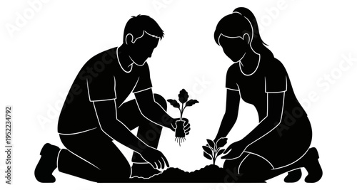 Couple planting seedlings in soil silhouette illustration garden activity teamwork sustainability