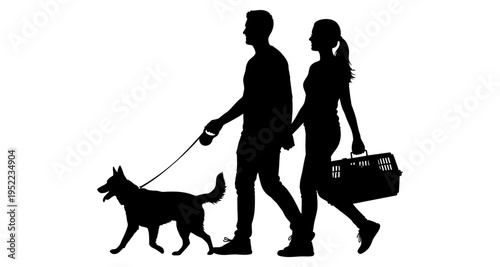 Couple walking dog on leash and carrying pet carrier silhouette