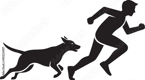 Black silhouette of a man and dog running side by side
