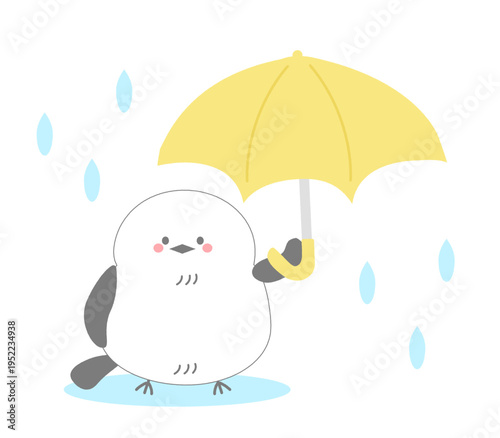 梅雨時期の雨の中黄色い傘をさすかわいいシマエナガのイラスト