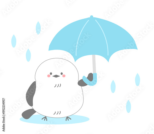 梅雨時期の雨の中青い傘をさすかわいいシマエナガのイラスト
