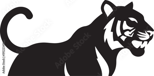 Black silhouette of a tiger with open mouth and bared teeth white animal
