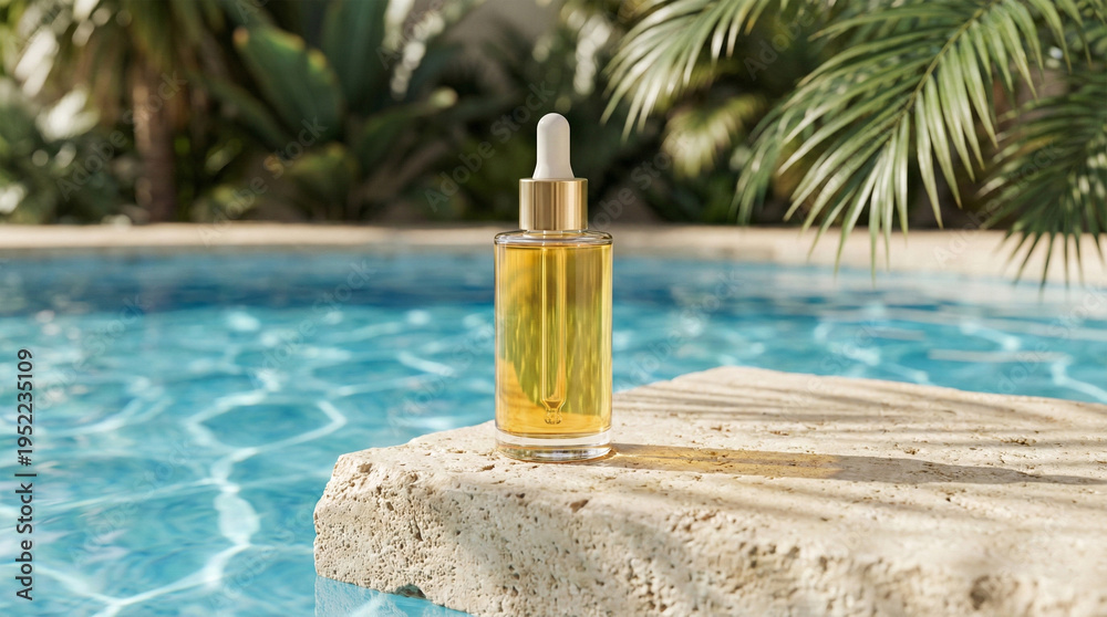 Fototapeta premium Luxury sunscreen oil bottle on stone podium by sparkling swimming pool.