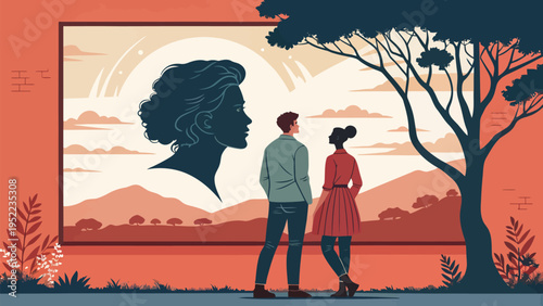 A vector graphic illustration of a couple viewing a large portrait of a woman in a serene landscape with mountains and a sunset