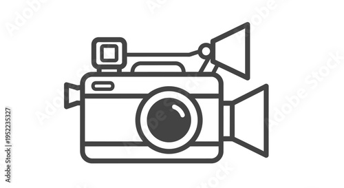 A simple line drawing of a video camera with a microphone on top against a clean white background.