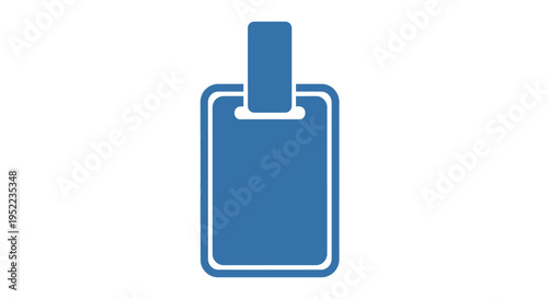 Blue and white icon of a badge or identification card on a solid white background with a simple design.