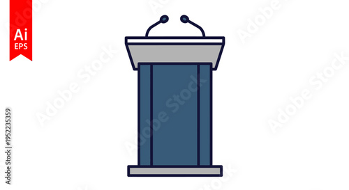 A blue and gray podium with two microphones on top against a white background, simple and straightforward.