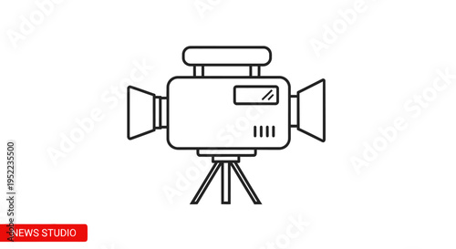Line drawing of a video camera on a tripod with a news studio label against a white background.