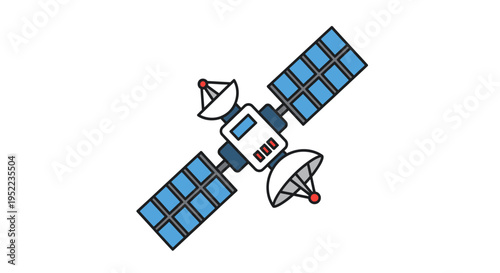 Illustration of a satellite with solar panels and antennas against a clean white background.